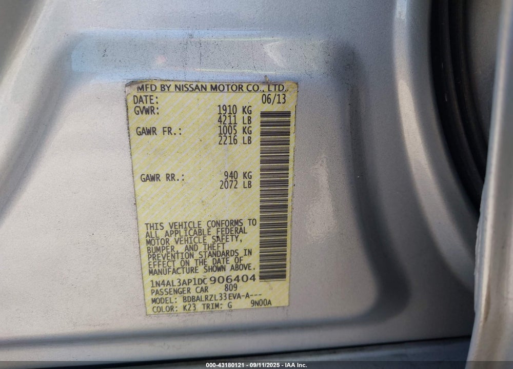 2013 NISSAN ALTIMA VIN: 1N4AL3AP1DC906404