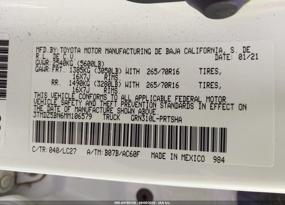 2021 TOYOTA TACOMA VIN: 3TMDZ5BN6MM106579