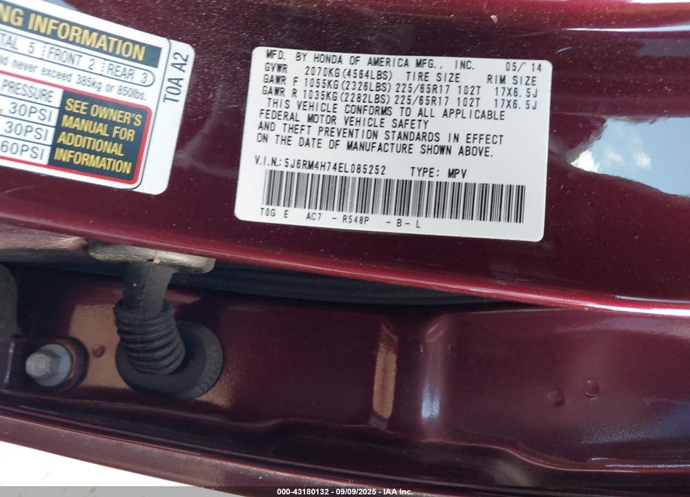2014 HONDA CR-V VIN: 5J6RM4H74EL085252