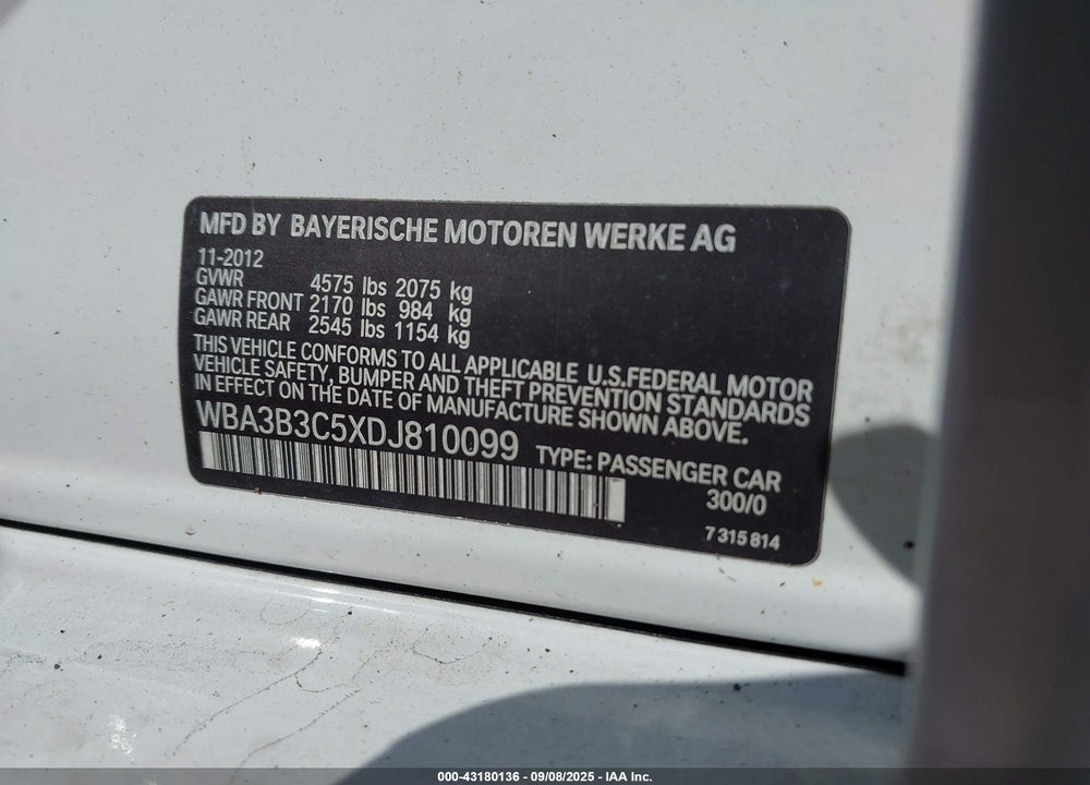 2013 BMW 3 SERIES VIN: WBA3B3C5XDJ810099
