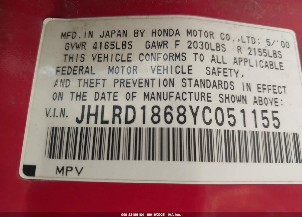 2000 HONDA CR-V EX VIN: JHLRD1868YC051155