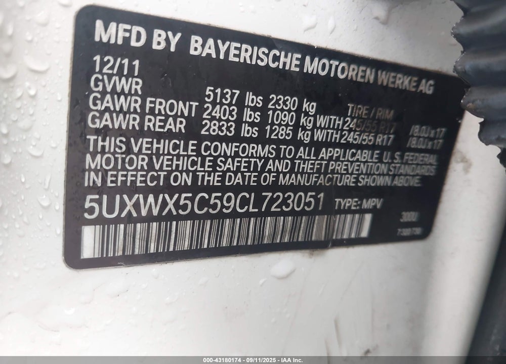 2012 BMW X3 VIN: 5UXWX5C59CL723051