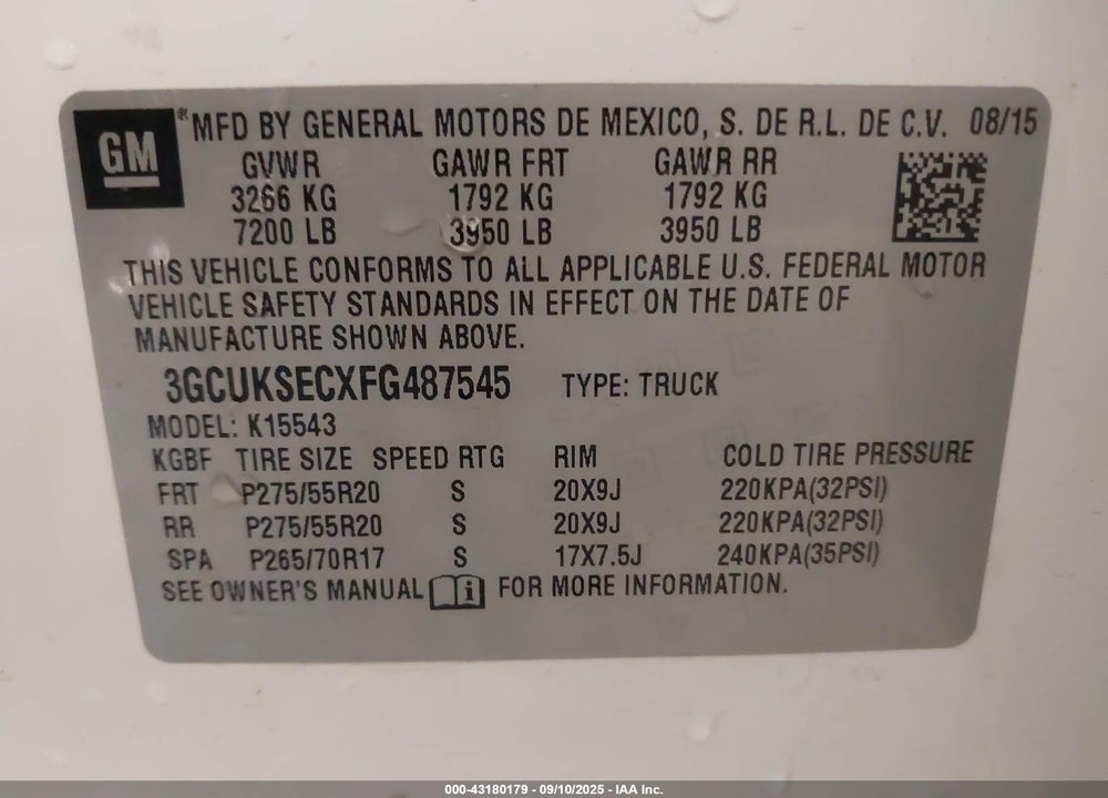 2015 CHEVROLET SILVERADO 1500 VIN: 3GCUKSECXFG487545