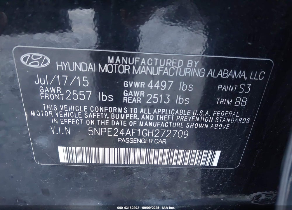 2016 HYUNDAI SONATA VIN: 5NPE24AF1GH272709
