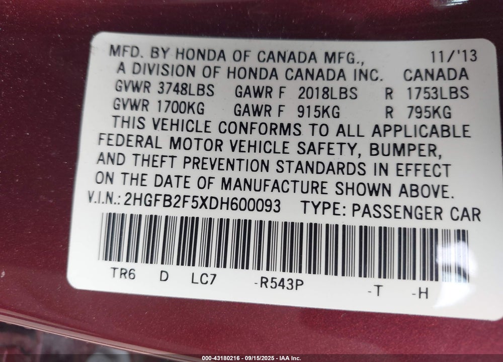2013 HONDA CIVIC LX VIN: 2HGFB2F5XDH600093