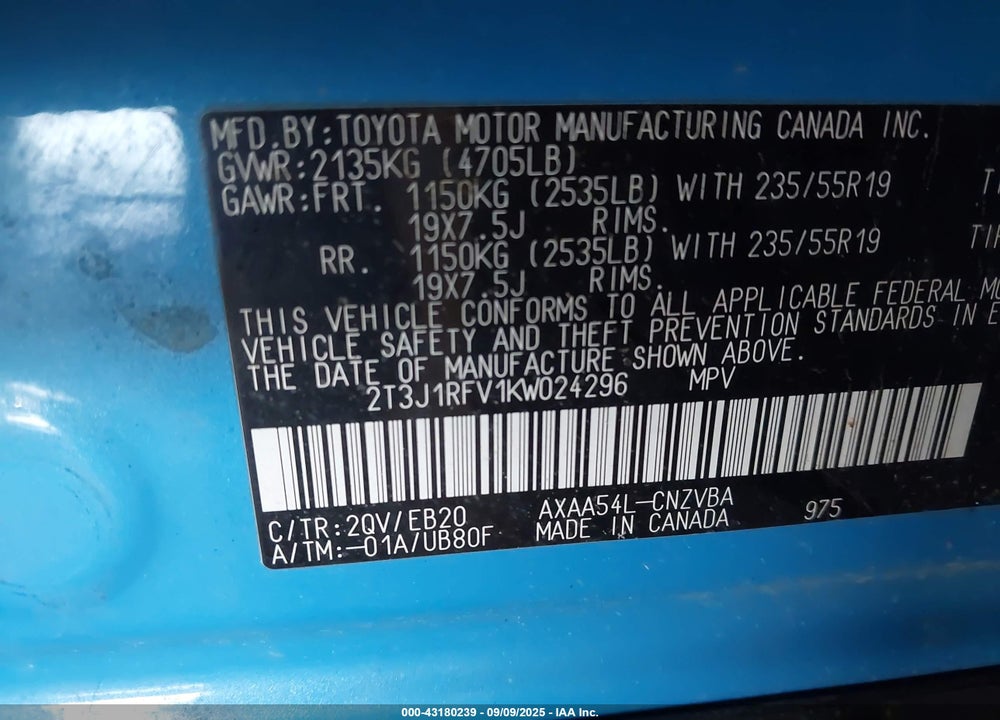 2019 TOYOTA RAV4 ADVENTURE VIN: 2T3J1RFV1KW024296