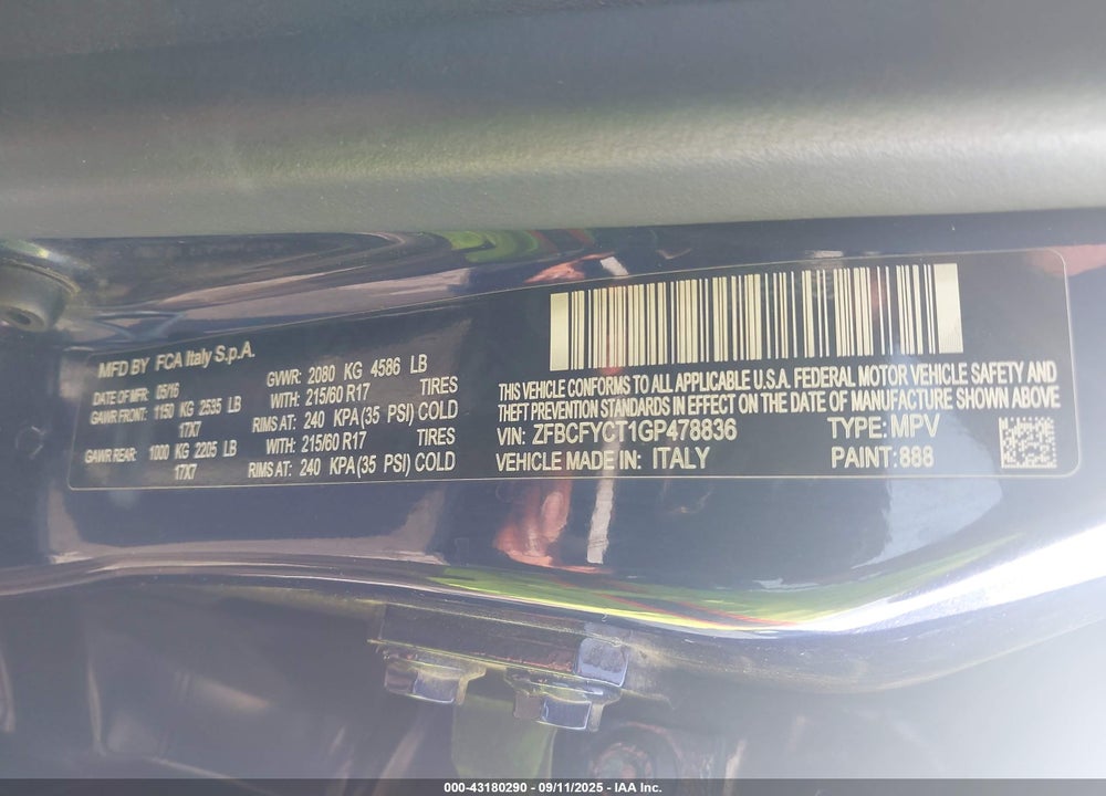 2016 FIAT 500X VIN: ZFBCFYCT1GP478836