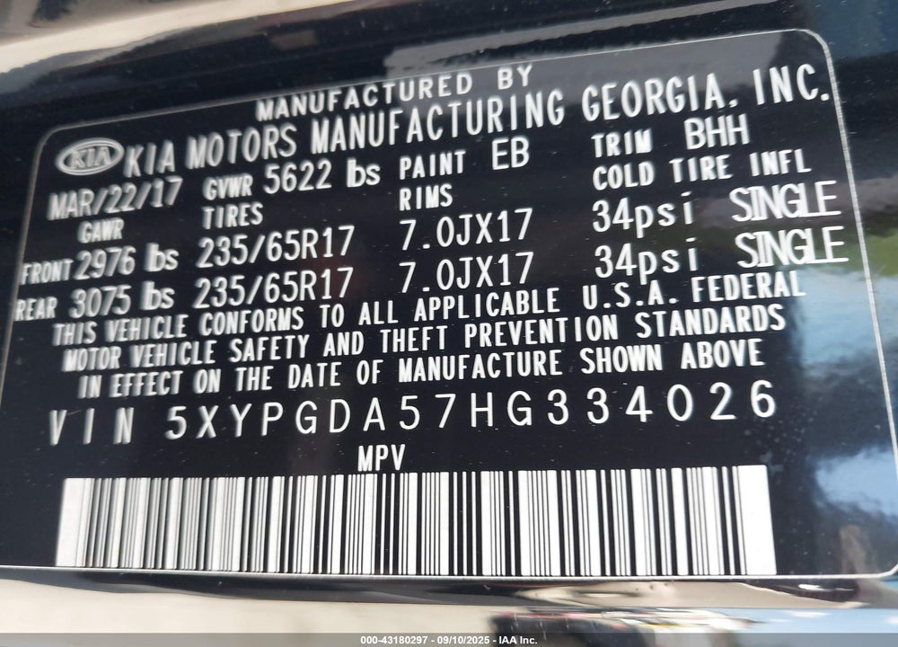 2017 KIA SORENTO 3.3L LX VIN: 5XYPGDA57HG334026