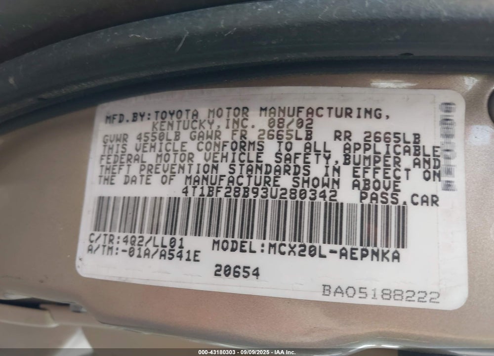2003 TOYOTA AVALON XL VIN: 4T1BF28B93U280342