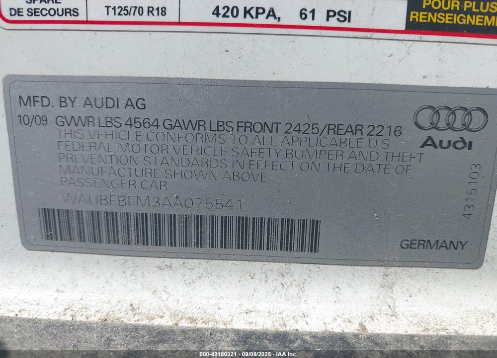 2010 AUDI A3 VIN: WAUBFBFM3AA075541
