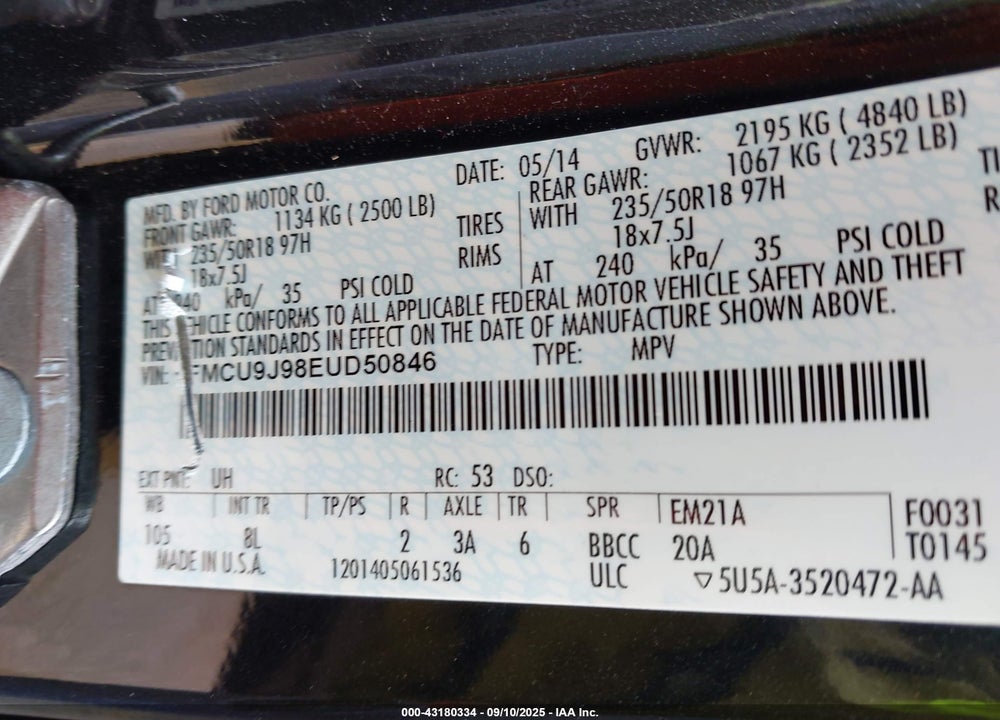 2014 FORD ESCAPE VIN: 1FMCU9J98EUD50846