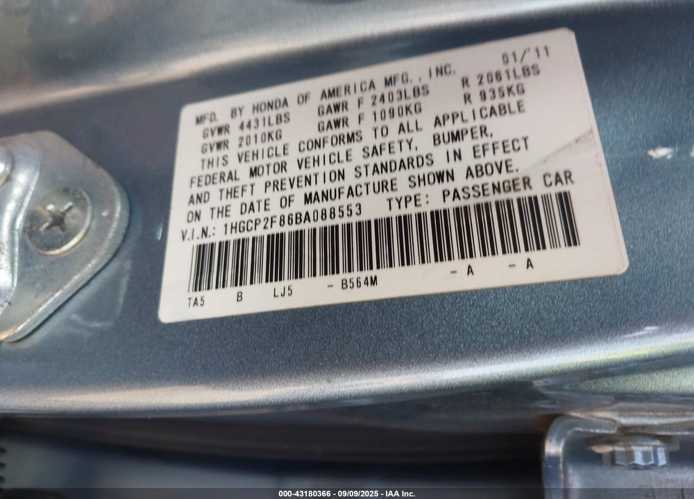 2011 HONDA ACCORD VIN: 1HGCP2F86BA088553