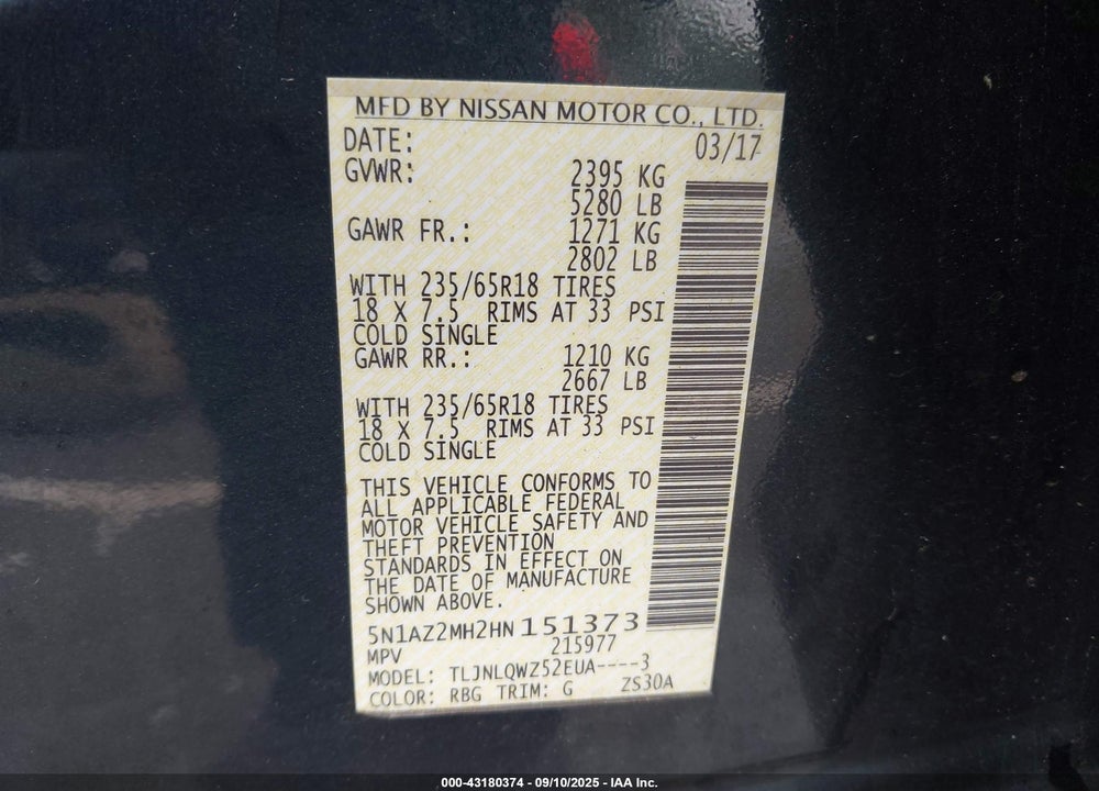 2017 NISSAN MURANO VIN: 5N1AZ2MH2HN151373
