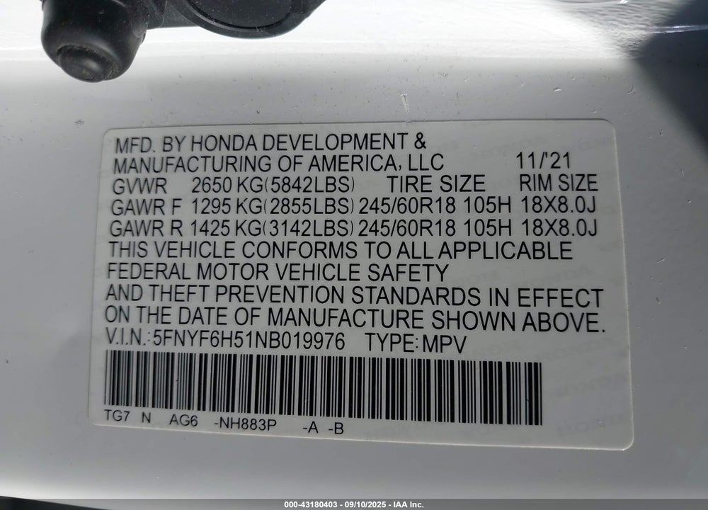 2022 HONDA PILOT VIN: 5FNYF6H51NB019976