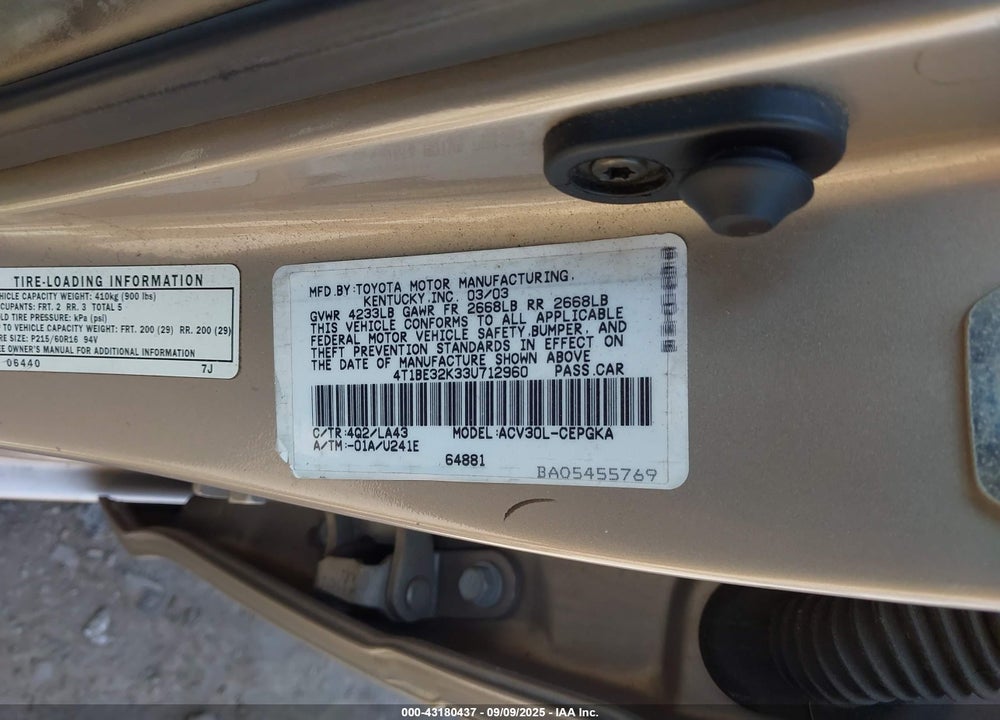 2003 TOYOTA CAMRY XLE VIN: 4T1BE32K33U712960