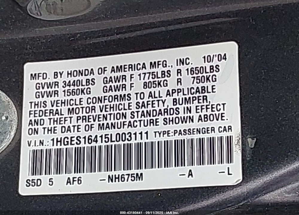 2005 HONDA CIVIC VP VIN: 1HGES16415L003111