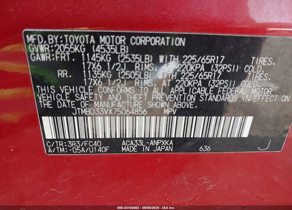 2007 TOYOTA RAV4 VIN: JTMBD33VX75064856