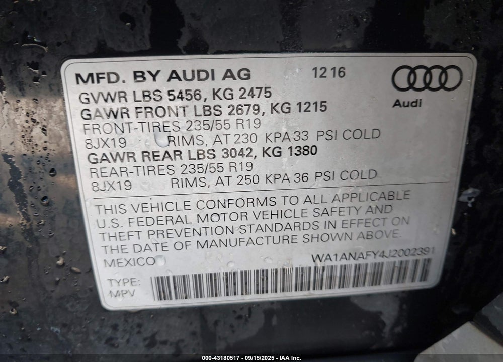 2018 AUDI Q5 VIN: WA1ANAFY4J2002391