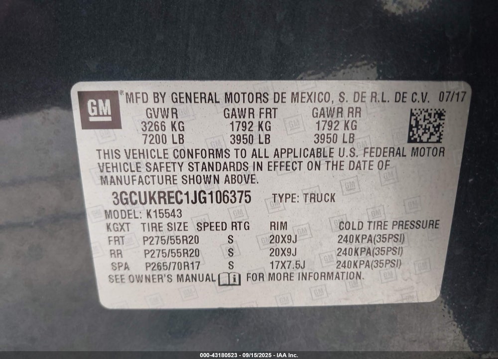 2018 CHEVROLET SILVERADO 1500 VIN: 3GCUKREC1JG106375