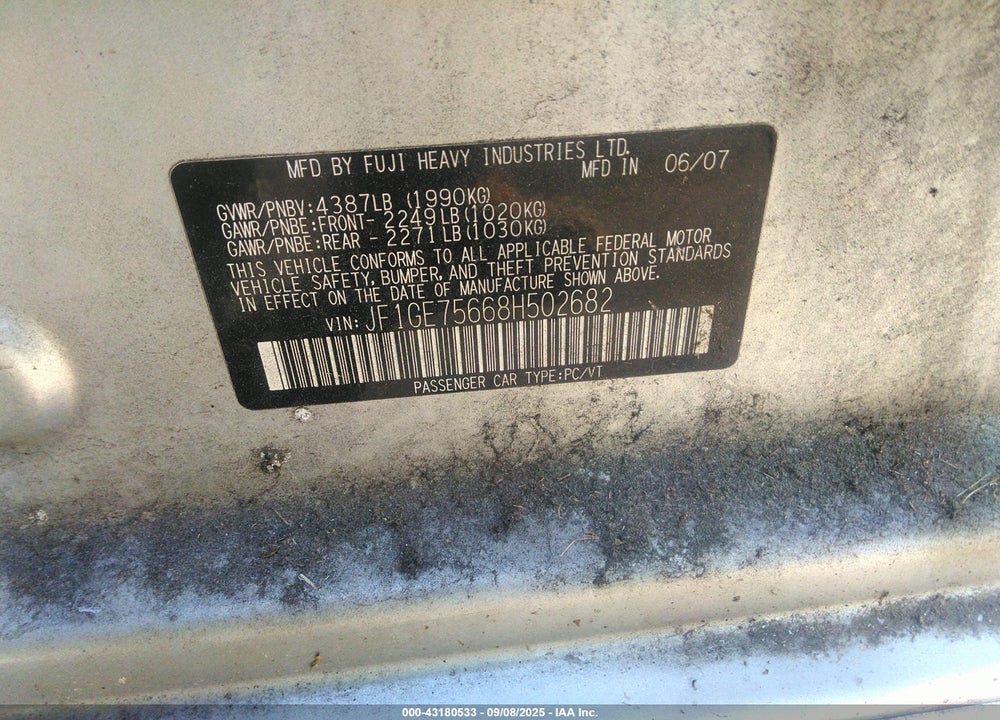 2008 SUBARU IMPREZA WRX VIN: JF1GE75668H502682