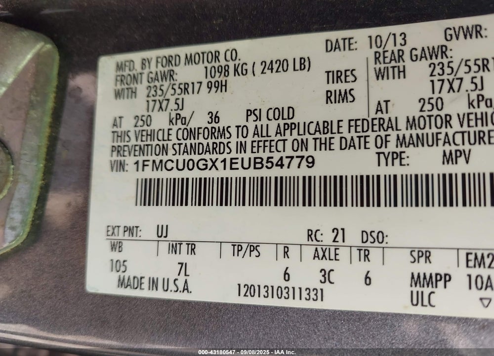 2014 FORD ESCAPE SE VIN: 1FMCU0GX1EUB54779