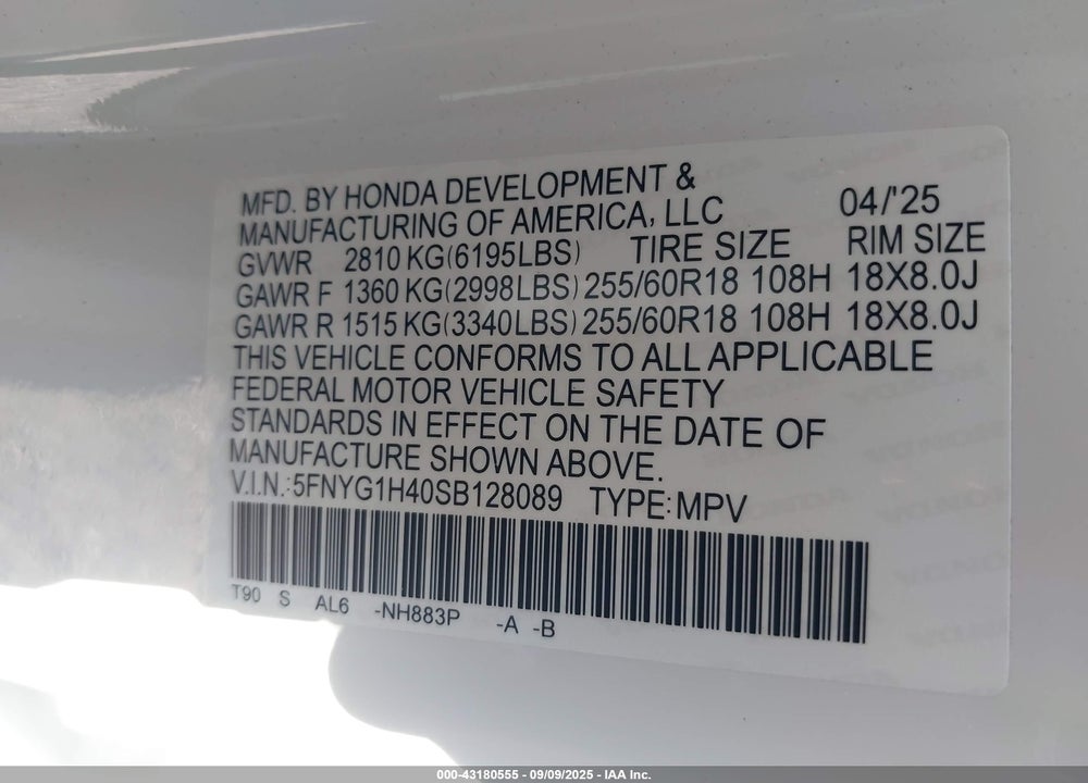 2025 HONDA PILOT VIN: 5FNYG1H40SB128089