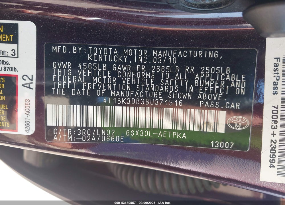 2011 TOYOTA AVALON VIN: 4T1BK3DB3BU371516