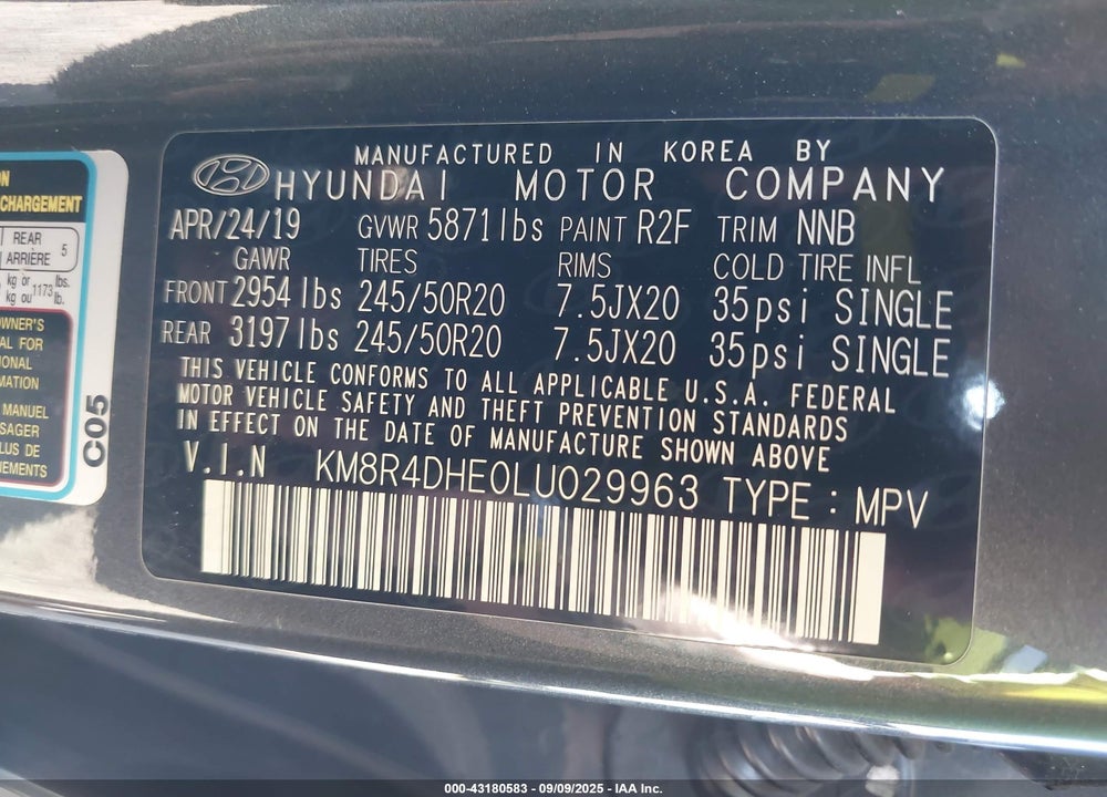2020 HYUNDAI PALISADE VIN: KM8R4DHE0LU029963