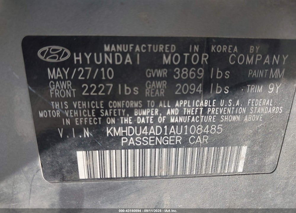2010 HYUNDAI ELANTRA VIN: KMHDU4AD1AU108485