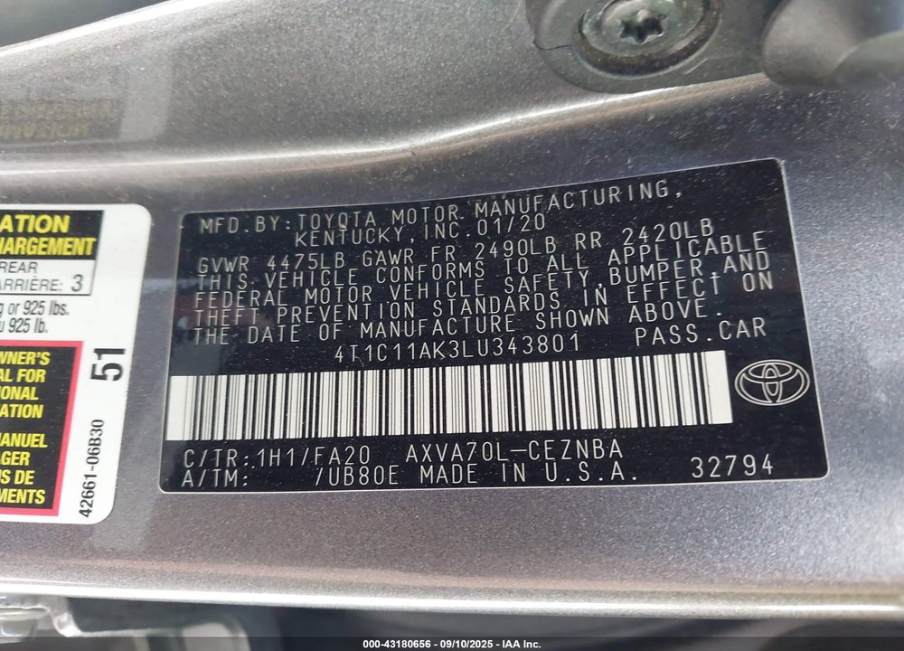 2020 TOYOTA CAMRY LE VIN: 4T1C11AK3LU343801
