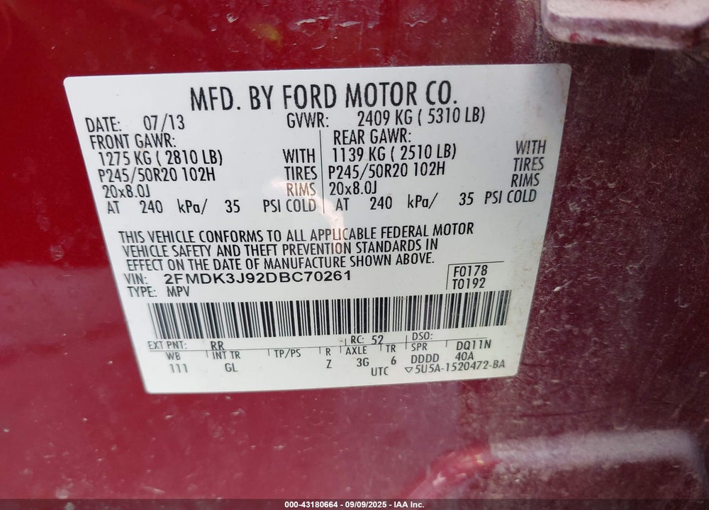 2013 FORD EDGE VIN: 2FMDK3J92DBC70261