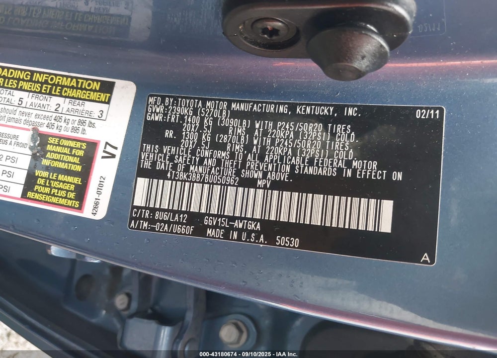 2011 TOYOTA VENZA BASE V6 VIN: 4T3BK3BB7BU050962