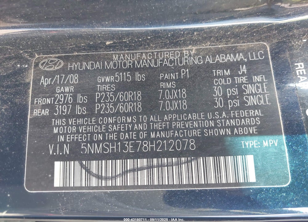 2008 HYUNDAI SANTA FE LIMITED/SE VIN: 5NMSH13E78H212078