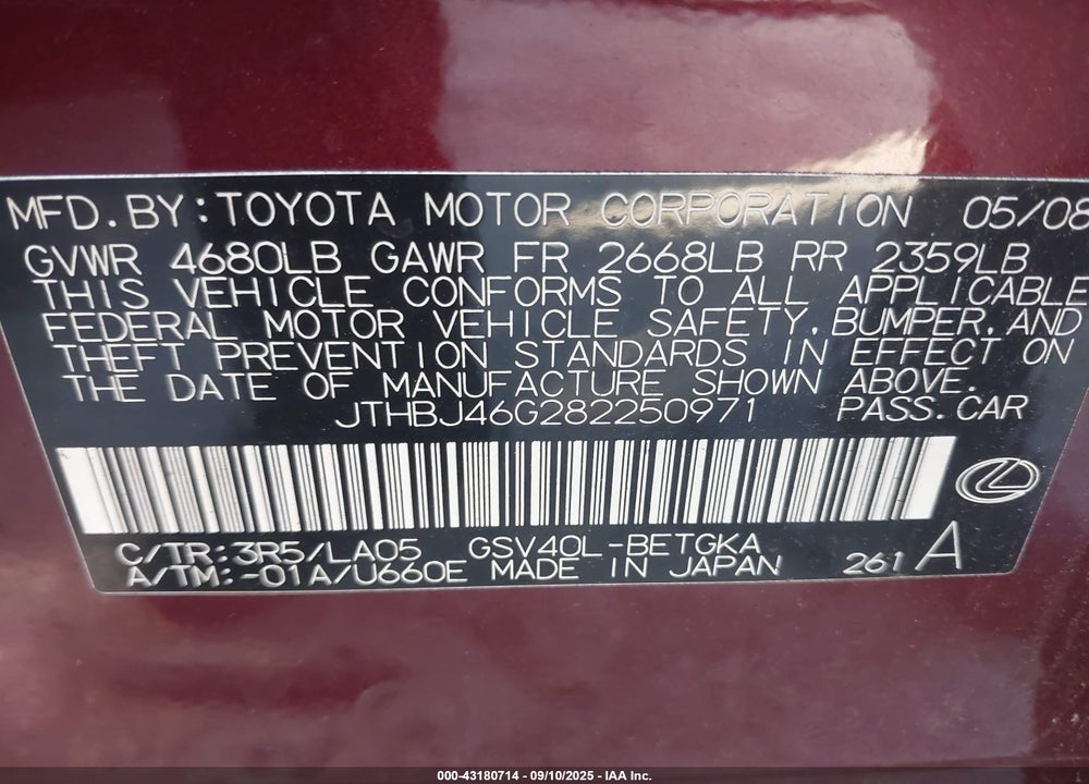 2008 LEXUS ES 350 VIN: JTHBJ46G282250971