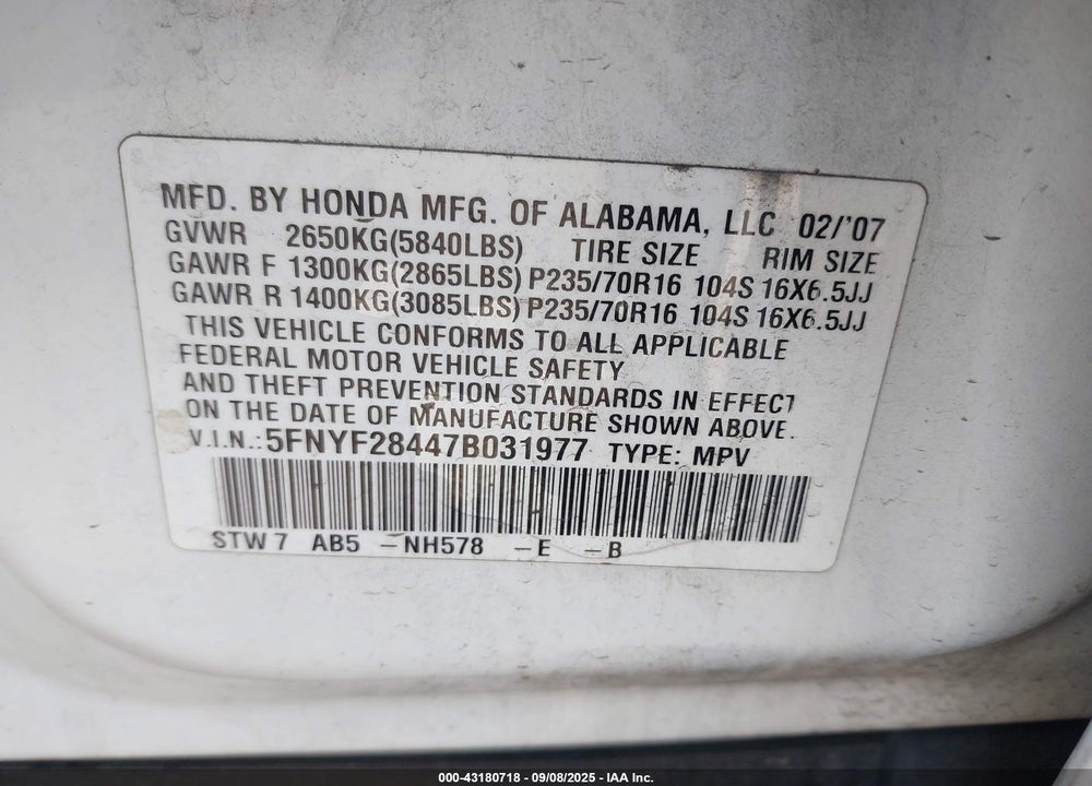 2007 HONDA PILOT EX VIN: 5FNYF28447B031977