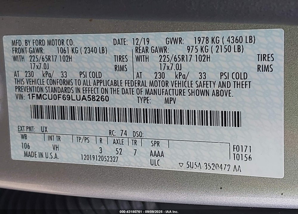 2020 FORD ESCAPE VIN: 1FMCU0F69LUA58260