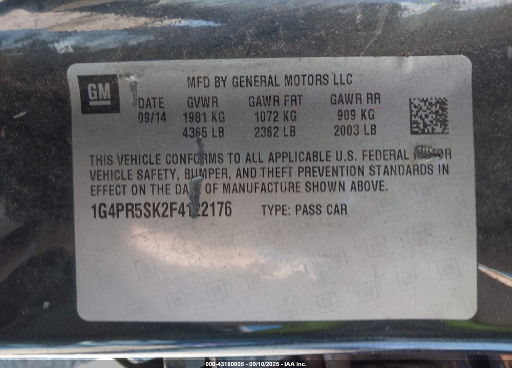 2015 BUICK VERANO CONVENIENCE GROUP VIN: 1G4PR5SK2F4122176