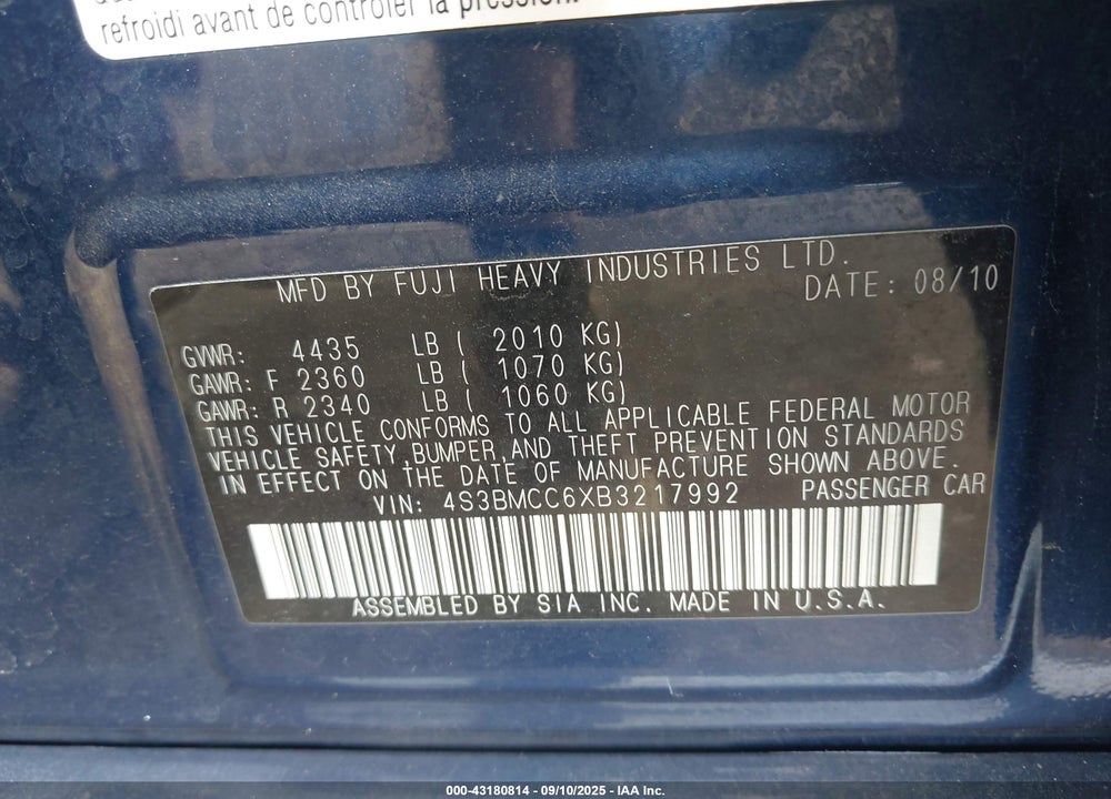 2011 SUBARU LEGACY VIN: 4S3BMCC6XB3217992
