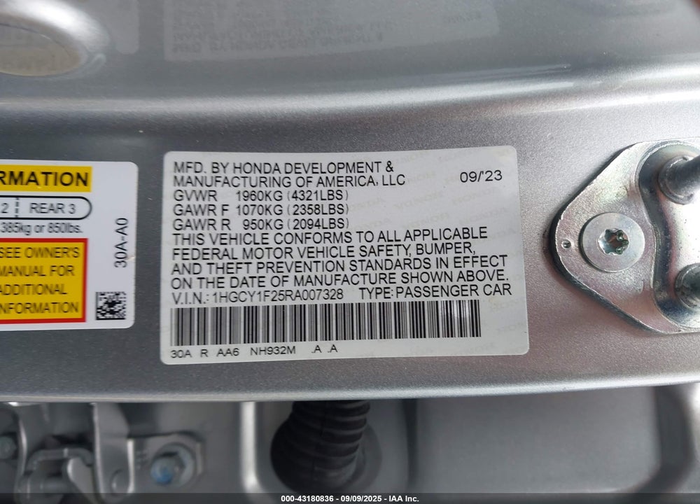2024 HONDA ACCORD LX VIN: 1HGCY1F25RA007328
