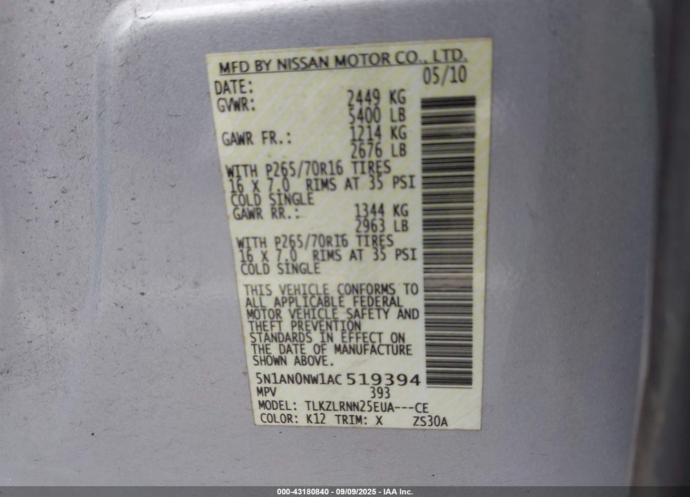 2010 NISSAN XTERRA VIN: 5N1AN0NW1AC519394
