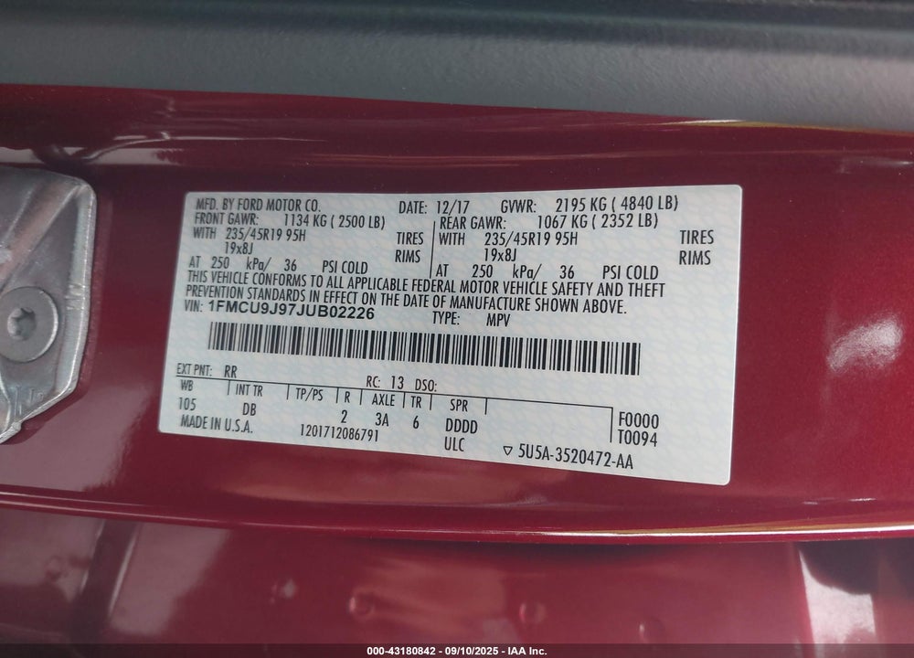 2018 FORD ESCAPE TITANIUM VIN: 1FMCU9J97JUB02226