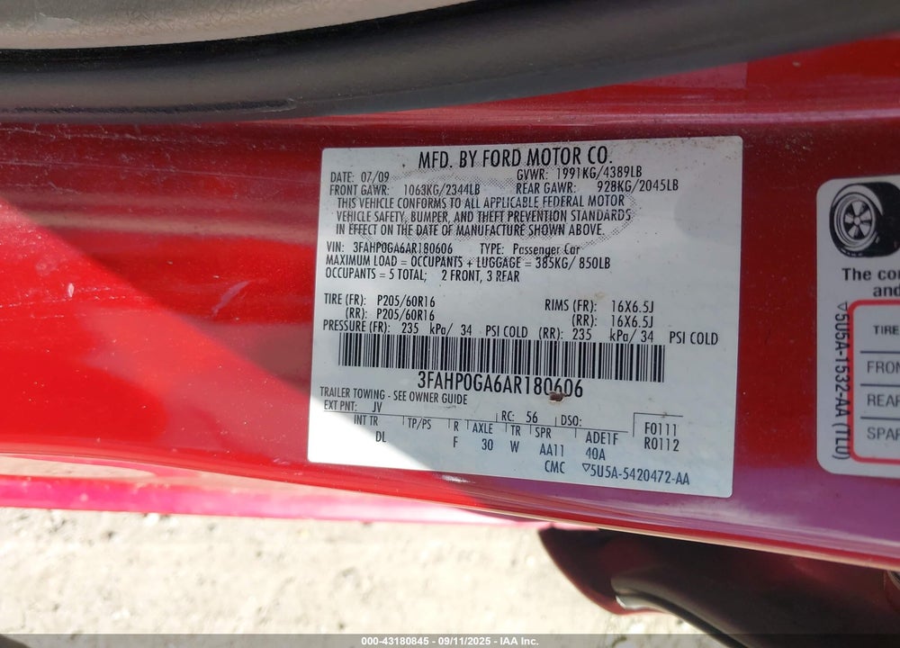 2010 FORD FUSION VIN: 3FAHP0GA6AR180606