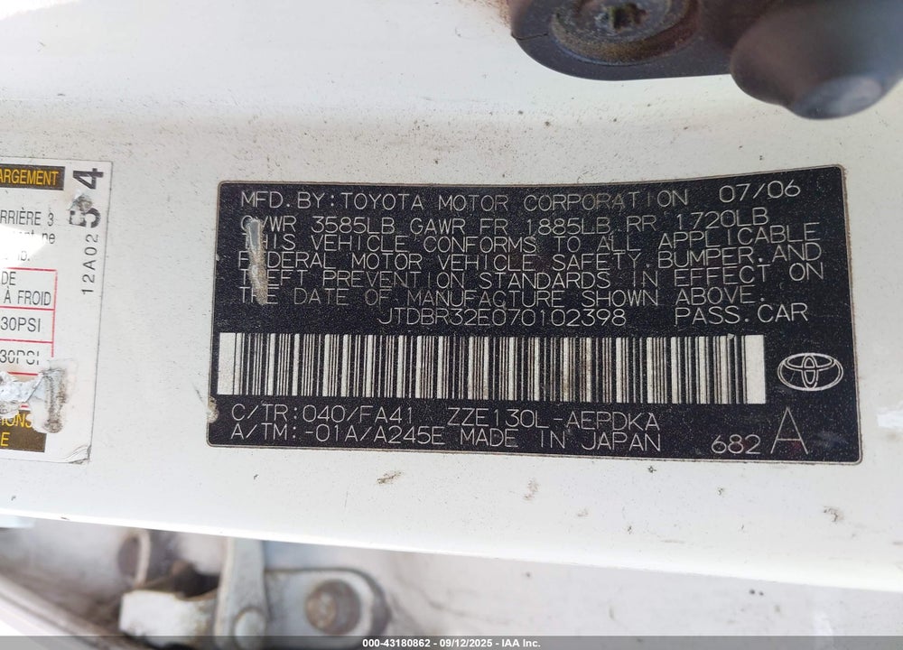 2007 TOYOTA COROLLA CE VIN: JTDBR32E070102398