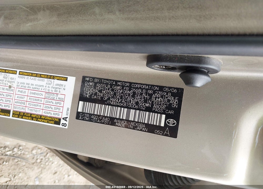 2007 TOYOTA CAMRY HYBRID VIN: JTNBB46K873006152