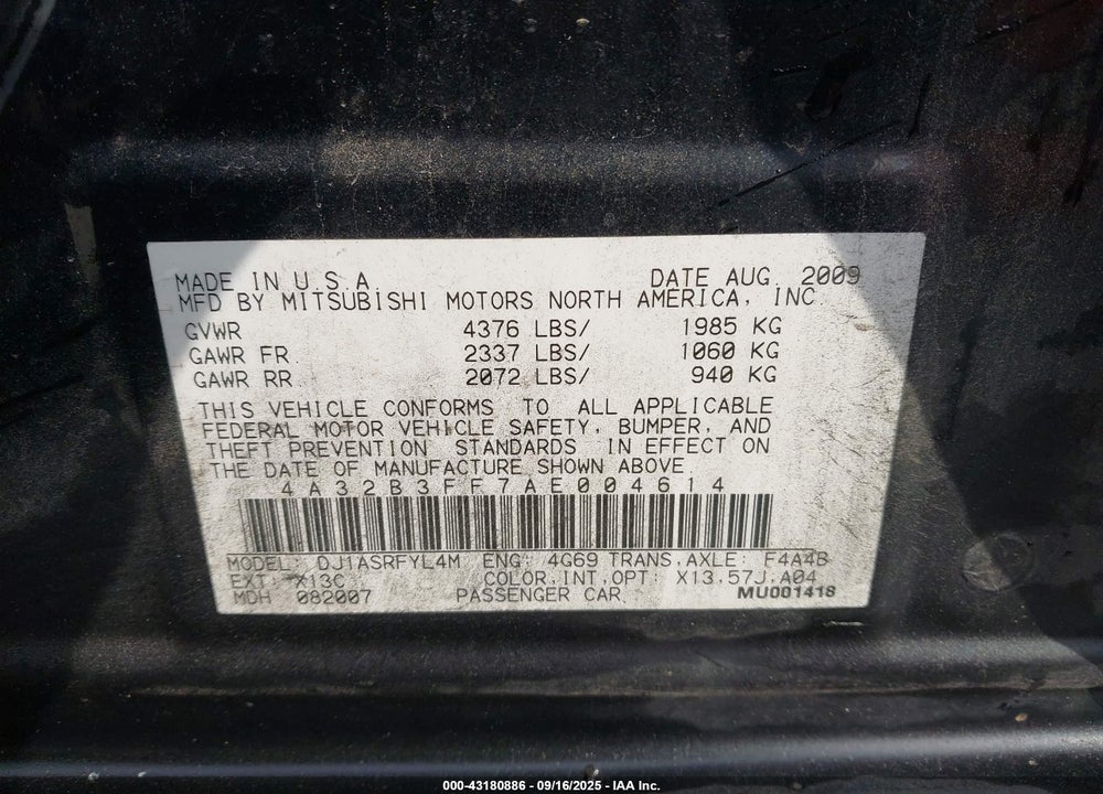 2010 MITSUBISHI GALANT VIN: 4A32B3FF7AE004614