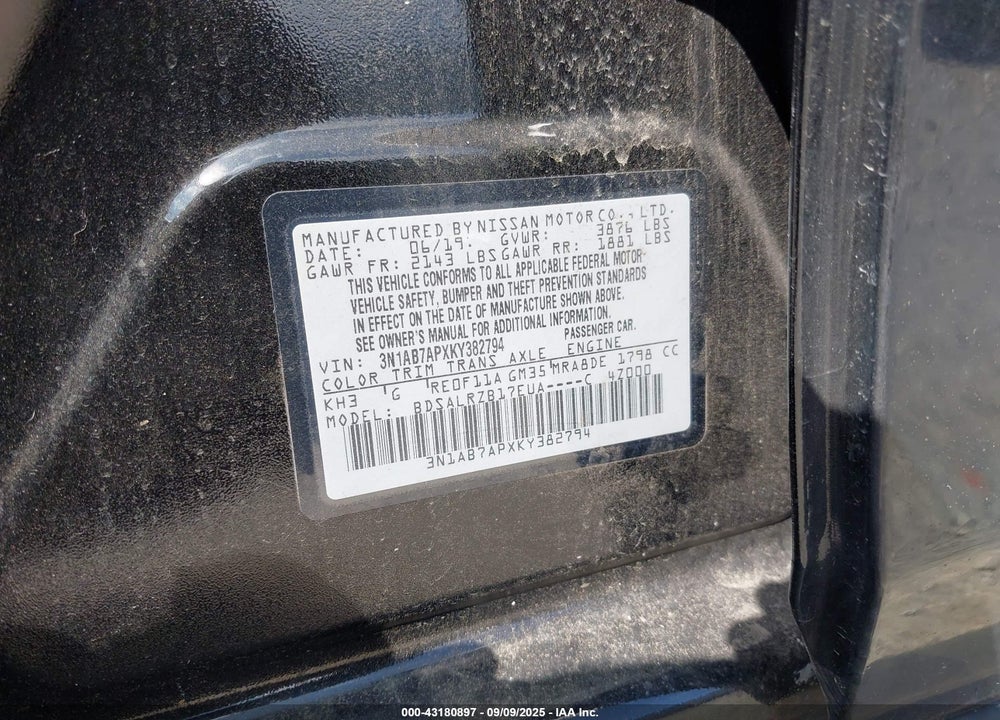 2019 NISSAN SENTRA VIN: 3N1AB7APXKY382794