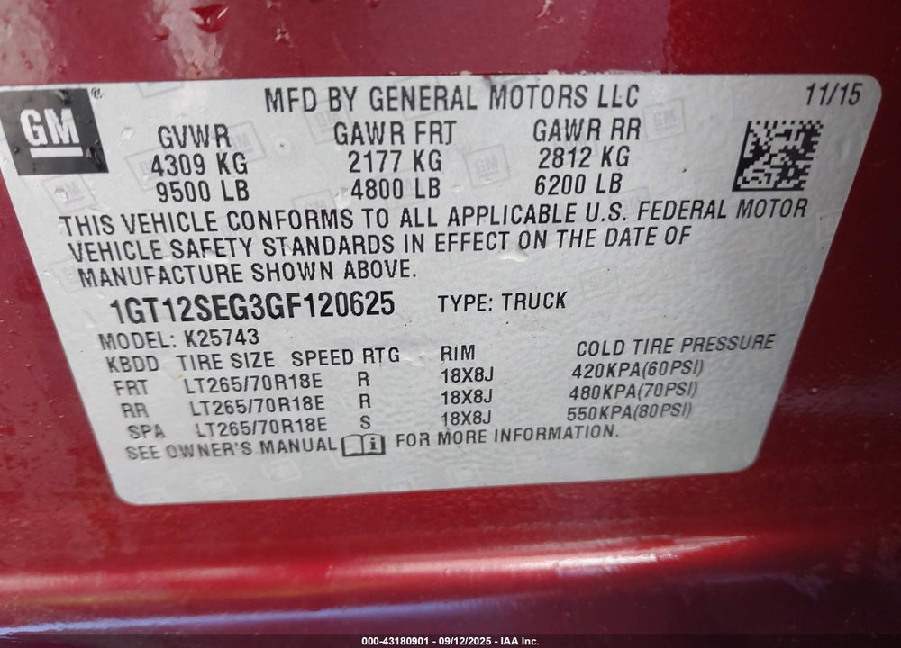 2016 GMC SIERRA 2500HD SLE VIN: 1GT12SEG3GF120625
