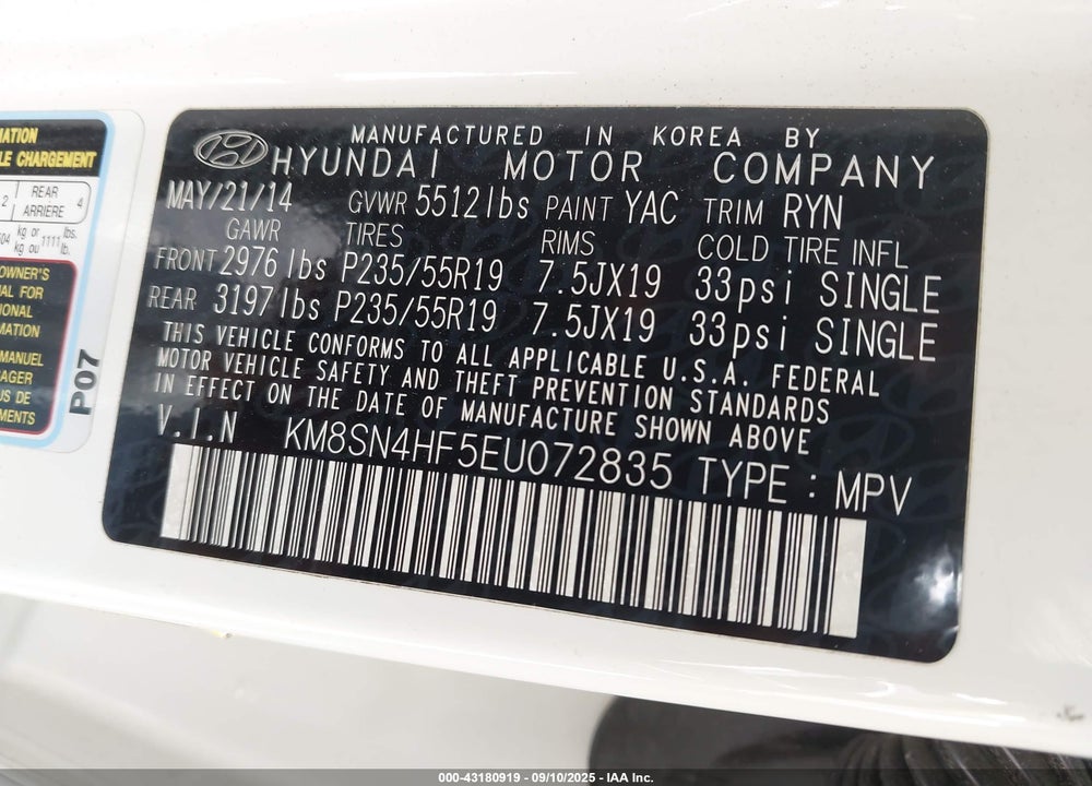 2014 HYUNDAI SANTA FE VIN: KM8SN4HF5EU072835