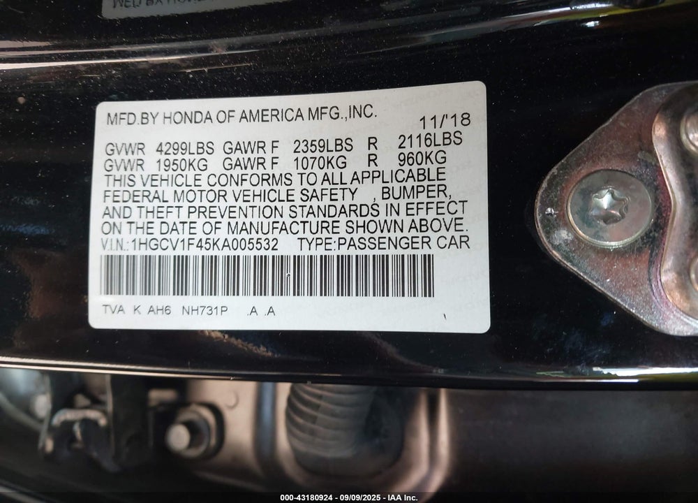 2019 HONDA ACCORD VIN: 1HGCV1F45KA005532