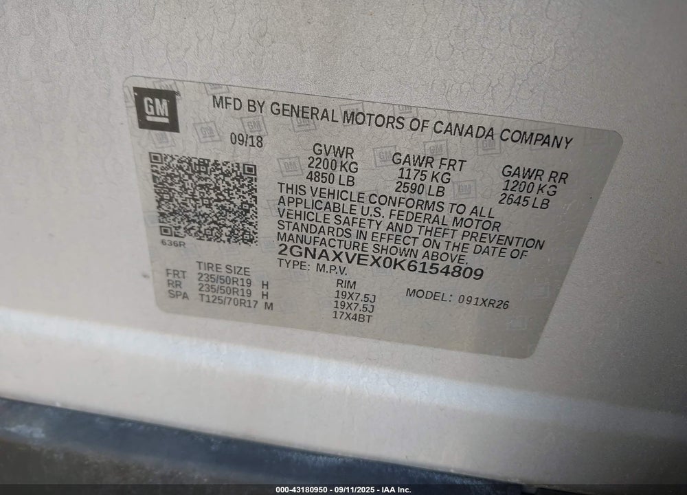 2019 CHEVROLET EQUINOX VIN: 2GNAXVEX0K6154809